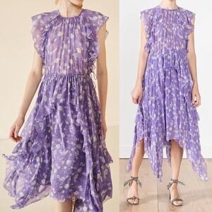 Ulla Johnson Caterina Dress‎ 4 Ruffled Floral Print Silk Midi Purple Asymmetric